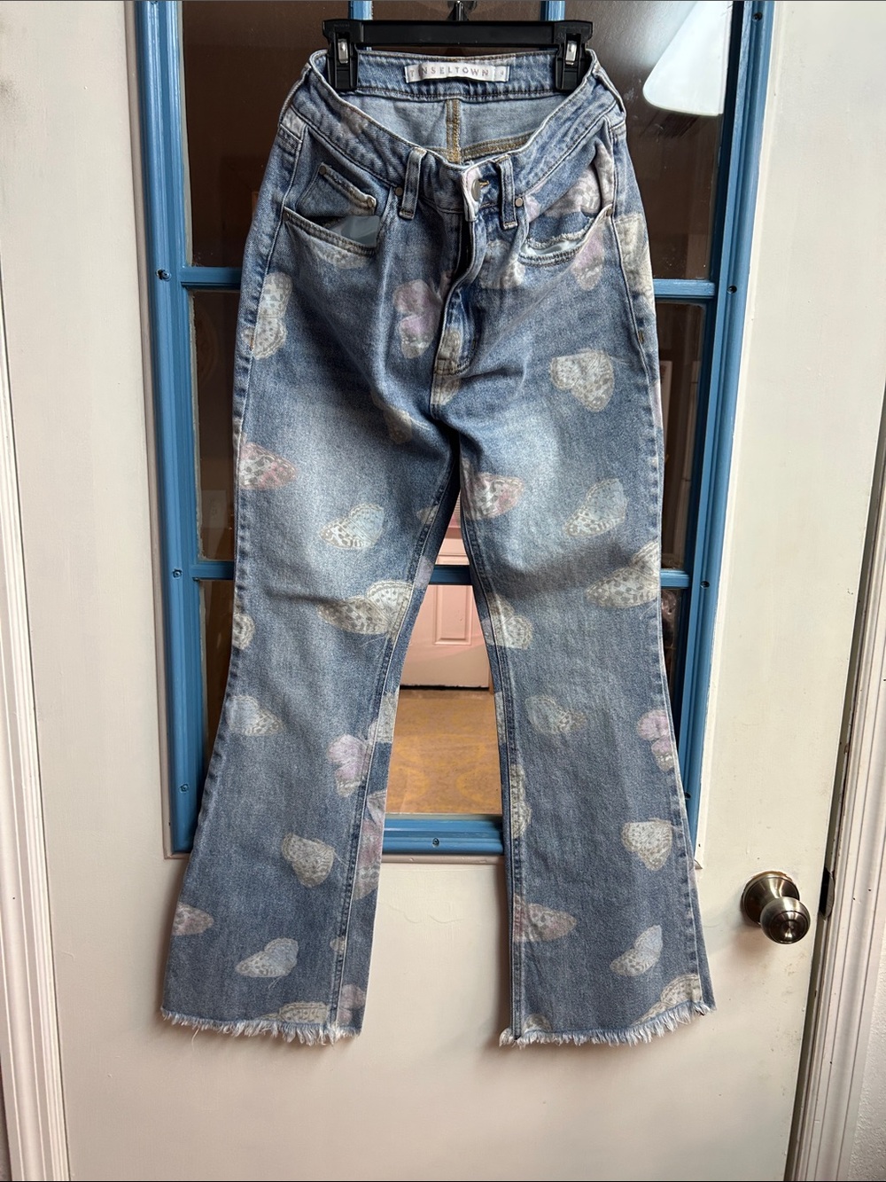 Tinseltown Pastel Butterfly Print Flare Jeans - Light Blue